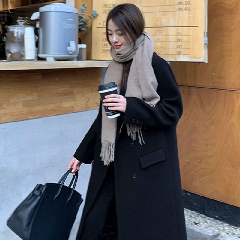 Black suit woolen coat women's mid-length  autumn and winter new Korean style casual loose thickened woolen coat