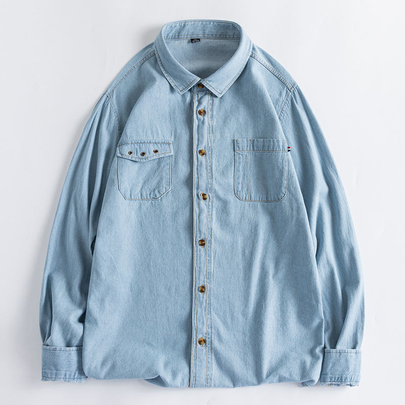 Spring and Autumn Men's Long-sleeved Solid Color Cotton Denim Shirt Handsome High School Student Double Pocket Cotton Shirt Youth