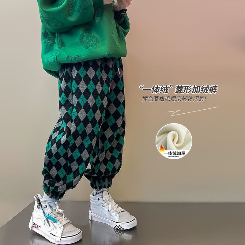 男童加絨褲子秋冬季2022新款兒童束腳休閒褲中大童一體絨長褲童裝