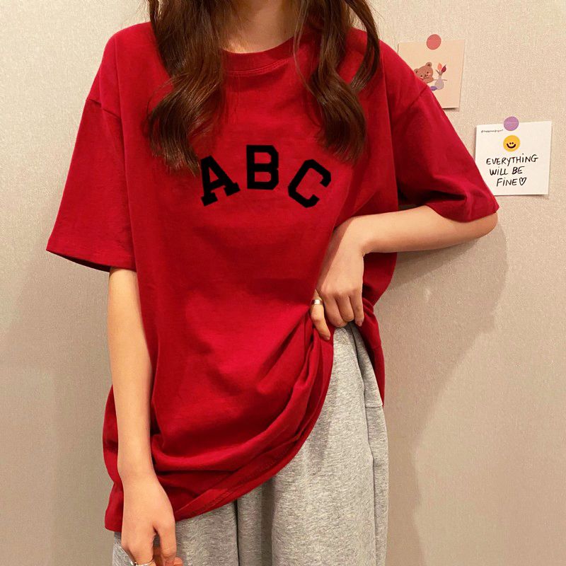 100%純棉短袖t恤女春夏季韓版新款寬鬆百搭紅色氣質ins上衣服潮