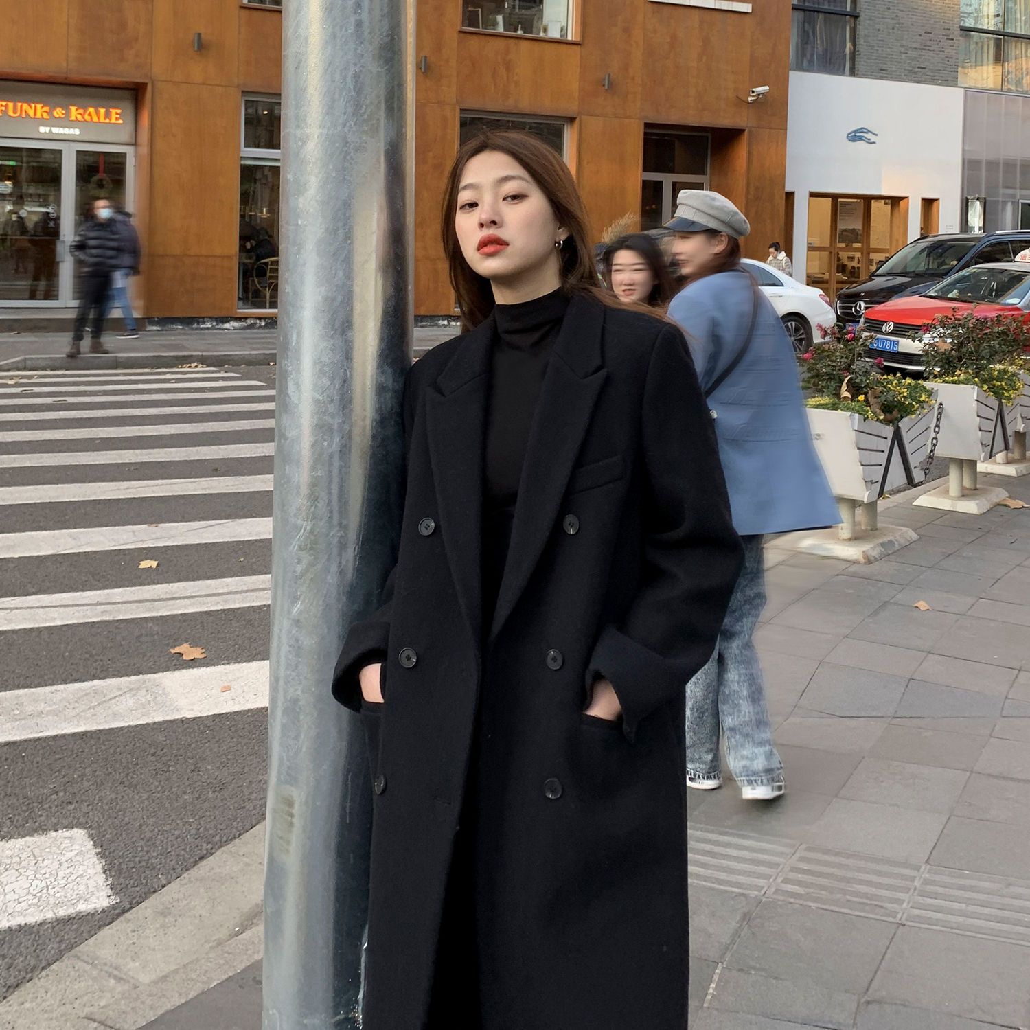 Black suit woolen coat women's mid-length  autumn and winter new Korean style casual loose thickened woolen coat