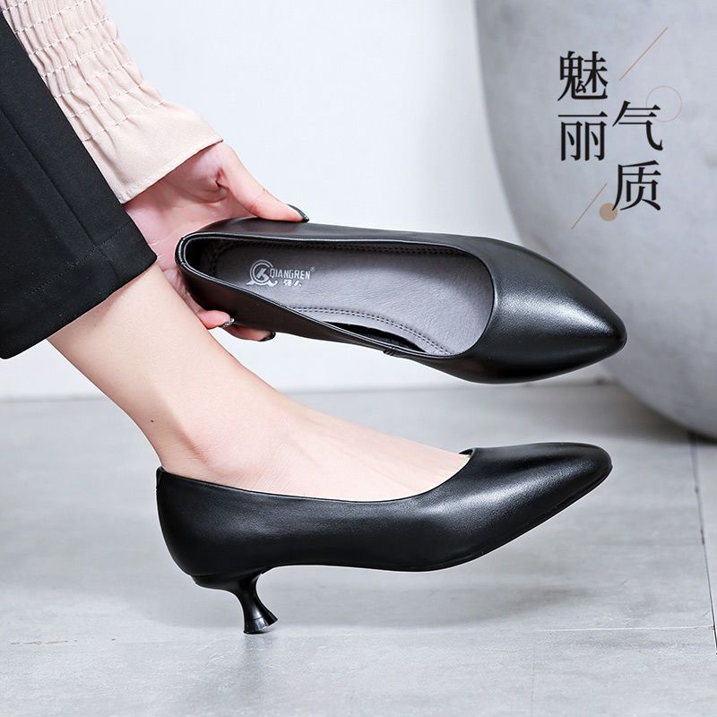 强人3515春季新款小皮鞋女真皮尖头高跟鞋女细跟性感时尚黑色皮鞋