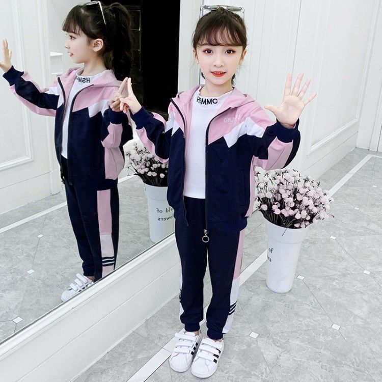 女童網紅套裝春裝2023新款洋氣潮流時髦中大童兒童運動長袖三件套