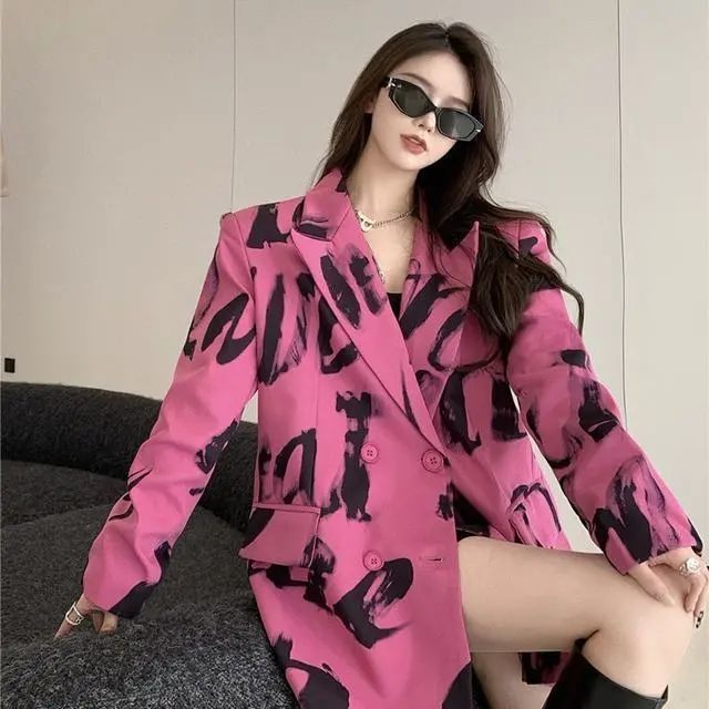 Fried Street Small Suit Women's Spring and Autumn  New Hong Kong Style High-Leisure Casual Fashion Letter Printed Suit Jacket Trendy