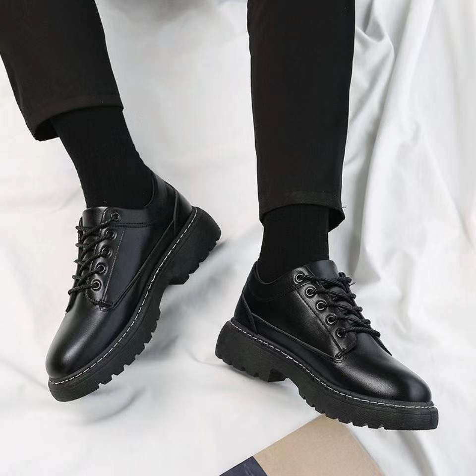 Leather shoes for men in spring and summer, new black round head with high inner height, student lace up small leather_voghion.com