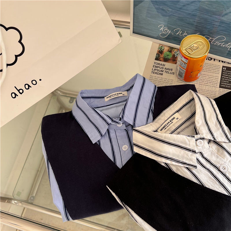 Children's shirts new products in spring and autumn of 2022 boys' and girls' fake two striped shirts foreign style baby shirt trend