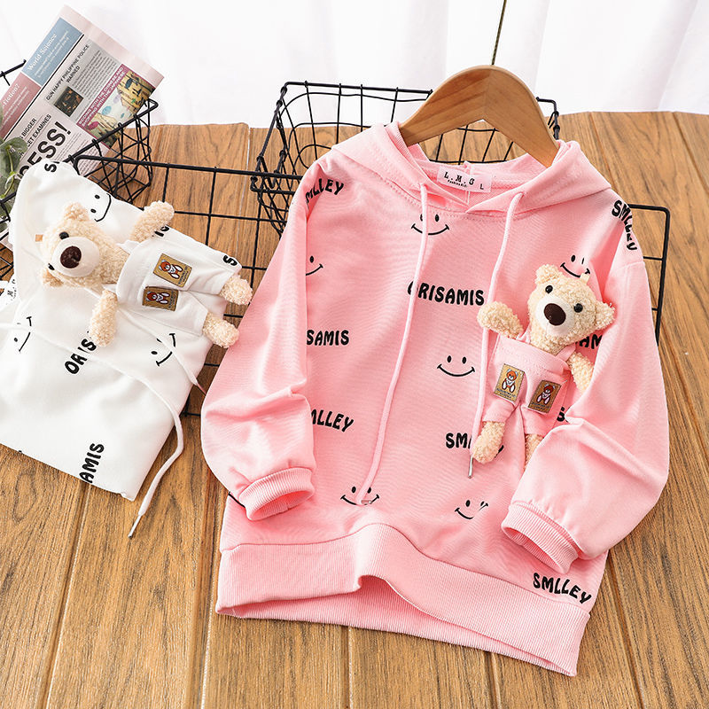 Girls spring sweater 2022 new hooded top children's long-sleeved T-shirt bear print cartoon Korean version cute