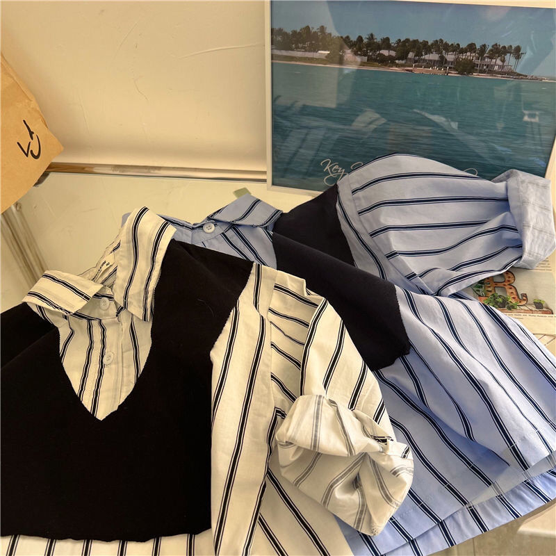Children's shirts new products in spring and autumn of 2022 boys' and girls' fake two striped shirts foreign style baby shirt trend