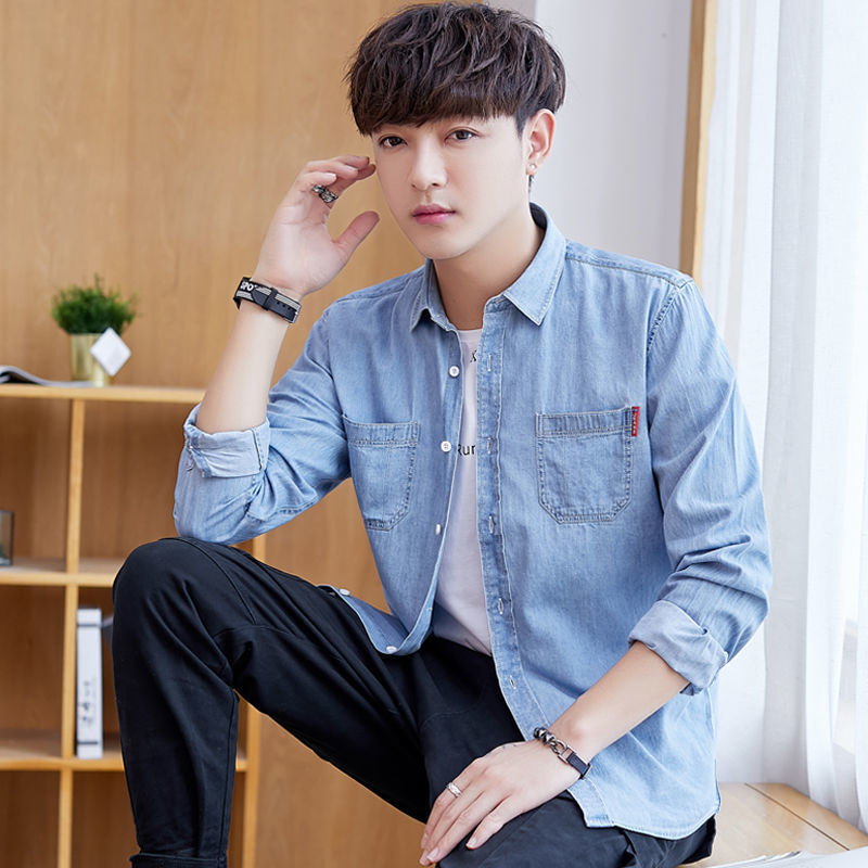 Spring and Autumn Men's Long-sleeved Solid Color Cotton Denim Shirt Handsome High School Student Double Pocket Cotton Shirt Youth