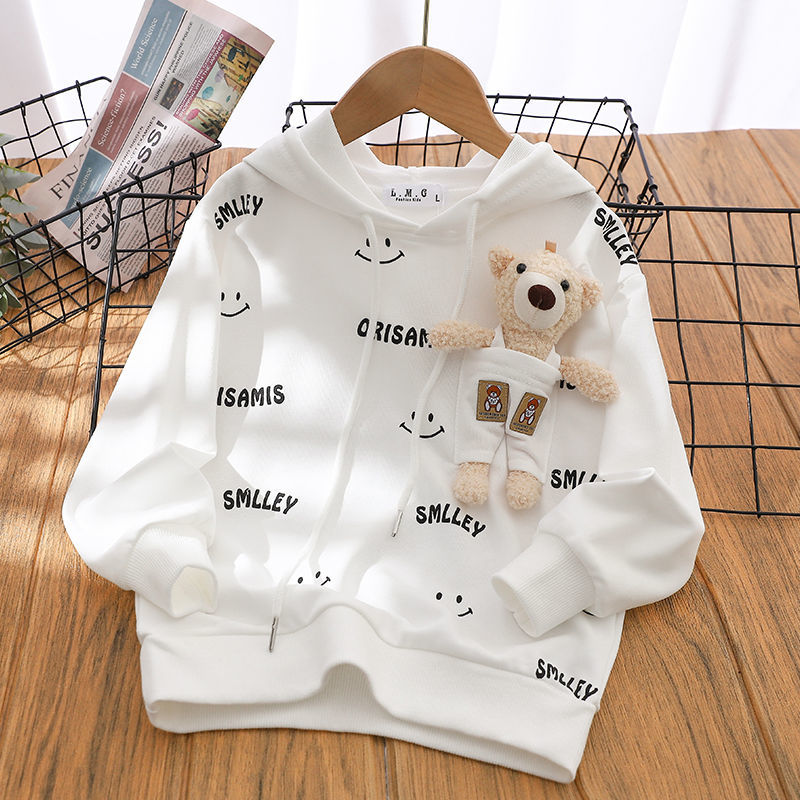Girls spring sweater 2022 new hooded top children's long-sleeved T-shirt bear print cartoon Korean version cute
