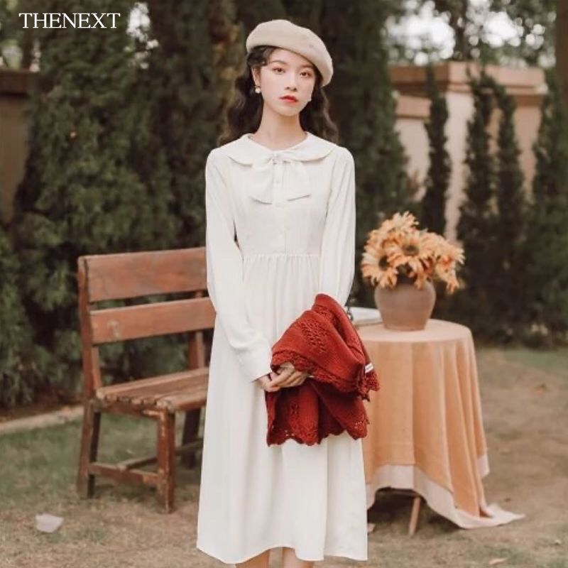thenext 2022春季新款长袖复古中长款白色裙子领结娃娃领连衣裙女