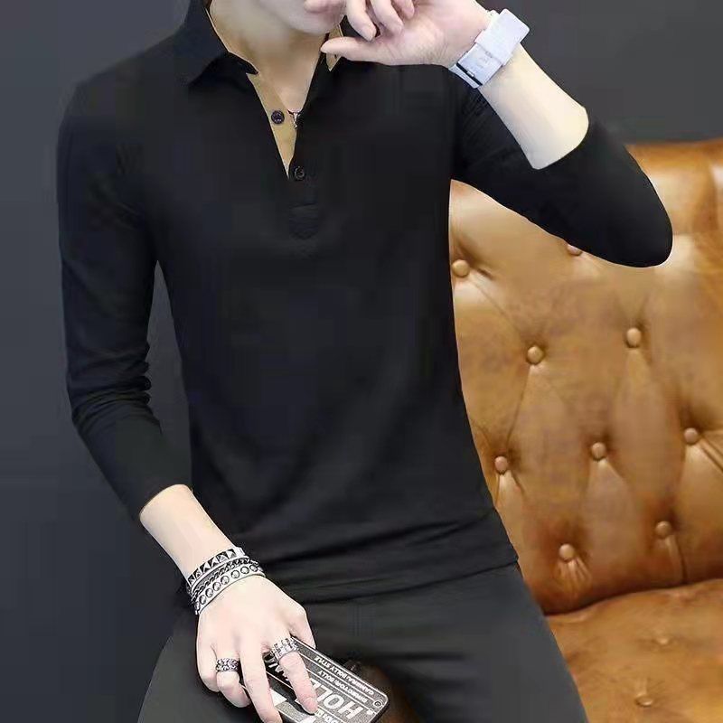 2023 spring and autumn Korean style trendy t-shirt men's printed top youth slim-fit lapel polo shirt long-sleeved t-shirt