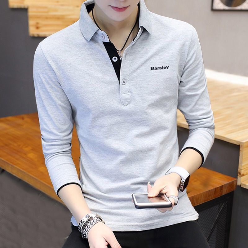 2023 spring and autumn Korean style trendy t-shirt men's printed top youth slim-fit lapel polo shirt long-sleeved t-shirt