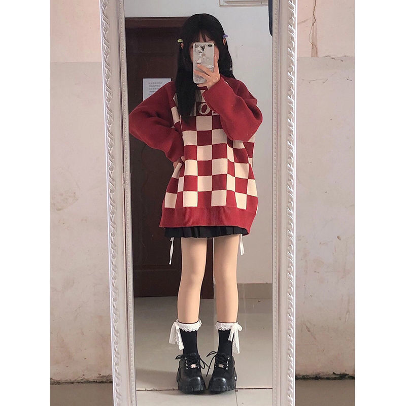 [Two-piece suit] Loose and lazy round neck sweater women's Korean casual knitwear college style high waist pleated skirt