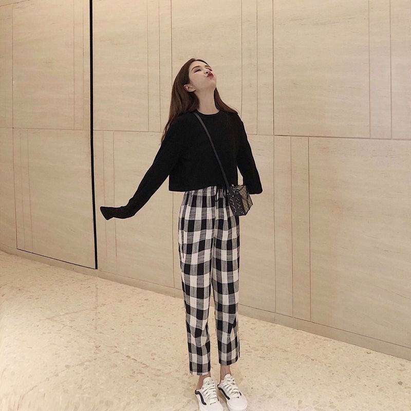 Plaid pants women's loose Korean version of nine-point pants women's summer 2023 new all-match black and white spring and autumn thin casual pants