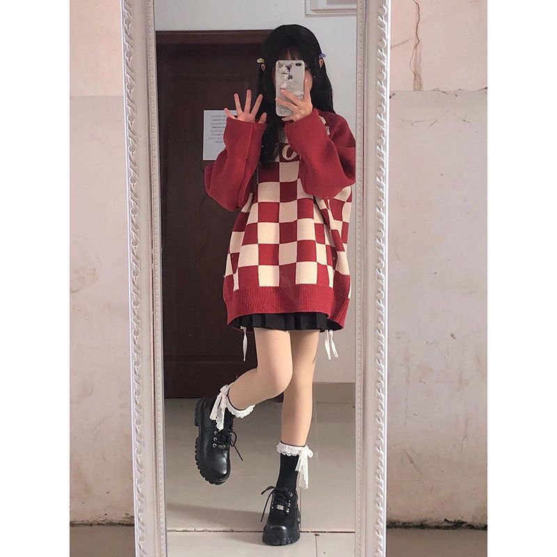 [Two-piece suit] Loose and lazy round neck sweater women's Korean casual knitwear college style high waist pleated skirt