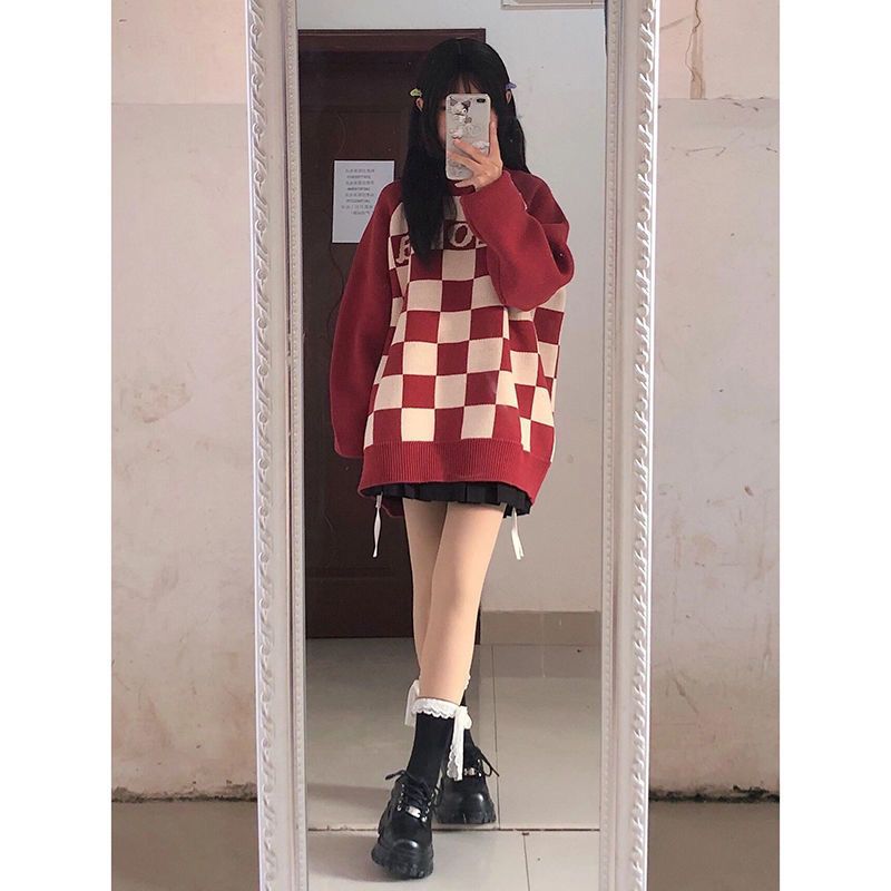 [Two-piece suit] Loose and lazy round neck sweater women's Korean casual knitwear college style high waist pleated skirt