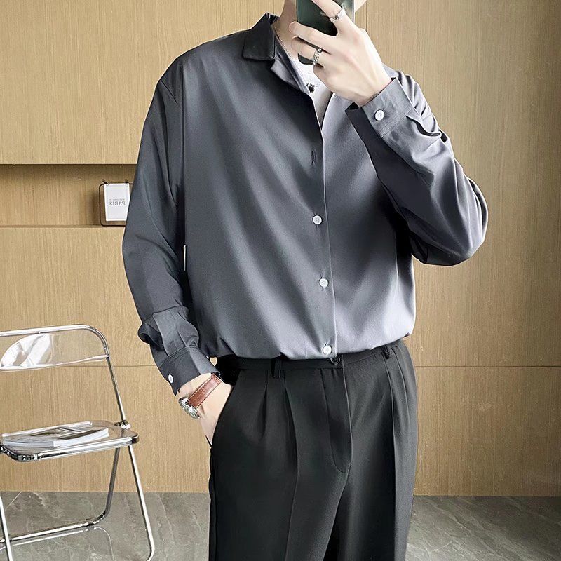 Black abstinence men's shirt Korean style trendy thin shirt suit ruffian handsome long-sleeved top + cropped pants for men