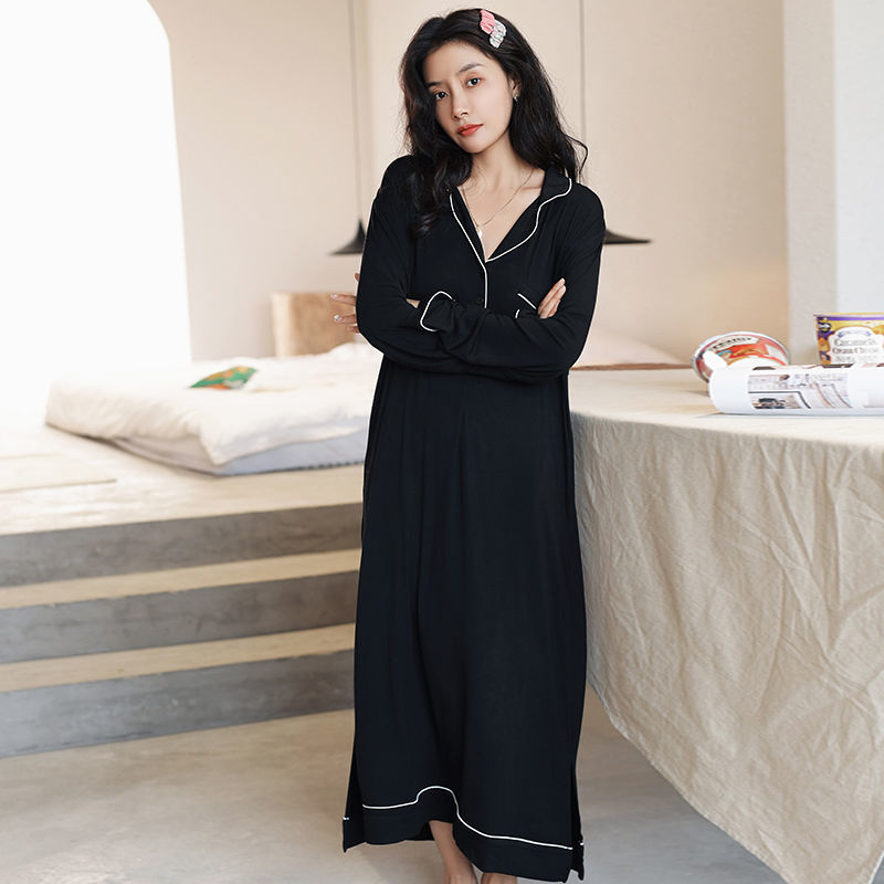 Modal nightdress long section ladies large size loose sexy spring and autumn pajamas fat MM with chest pad home service winter