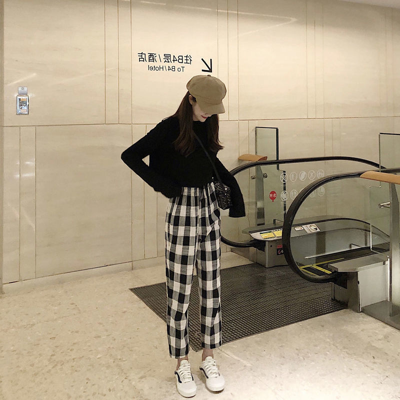 Plaid pants women's loose Korean version of nine-point pants women's summer 2023 new all-match black and white spring and autumn thin casual pants