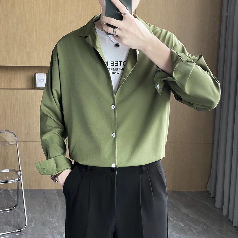 Black abstinence men's shirt Korean style trendy thin shirt suit ruffian handsome long-sleeved top + cropped pants for men