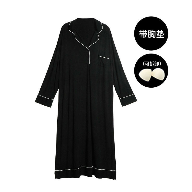 Modal nightdress long section ladies large size loose sexy spring and autumn pajamas fat MM with chest pad home service winter