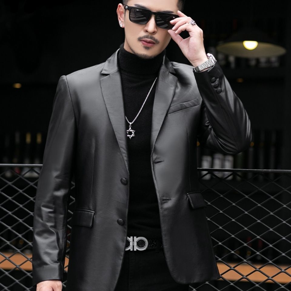 冬季真皮皮衣男士头层胎牛皮西装商务西服短款羽绒内胆可脱卸修身