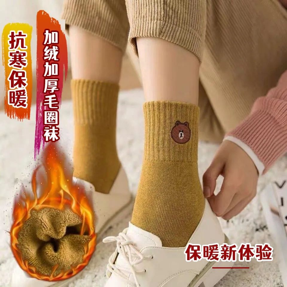 125956-袜子女冬季加绒加厚中筒袜 冬天保暖日系毛圈长袜韩版小熊毛巾袜-详情图