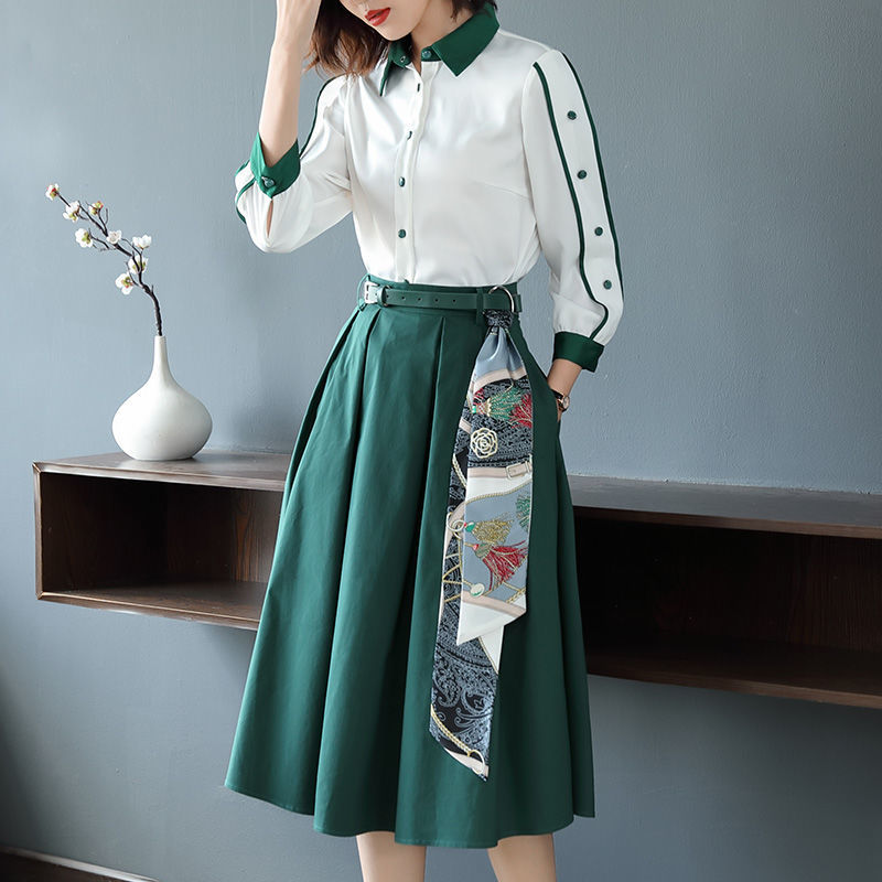  Spring and Autumn New Temperament Stitching Long-sleeved Shirt Waist Slim Skirt Two-piece Skirt Suit Women