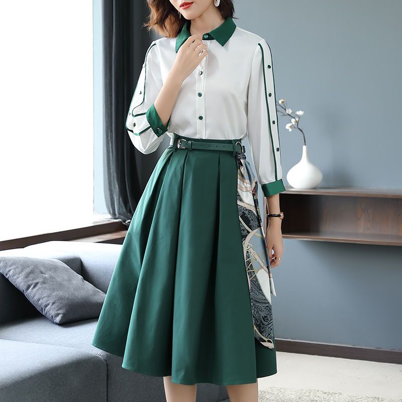  Spring and Autumn New Temperament Stitching Long-sleeved Shirt Waist Slim Skirt Two-piece Skirt Suit Women