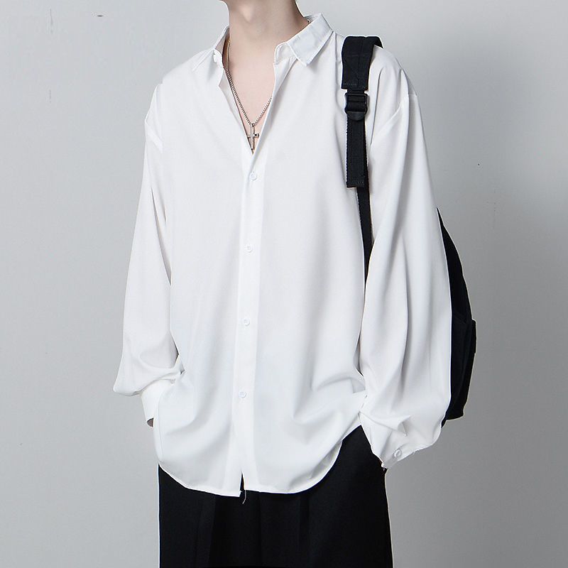 新款白色长袖衬衫男士春季韩版垂感宽松高级感冰丝纯色dk衬衣