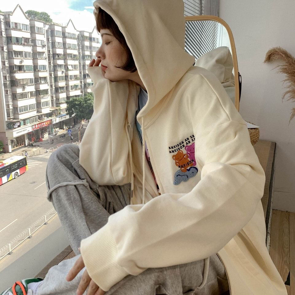 Salt coat female 2023 milk yellow spring and autumn new all-match sweater ins cardigan hooded loose zipper top