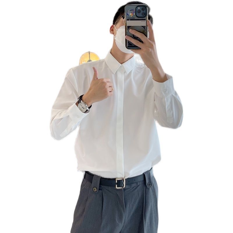 韩版免烫长袖痞帅白色衬衫纯色2022春季新款衬衣青春男士休闲潮牌