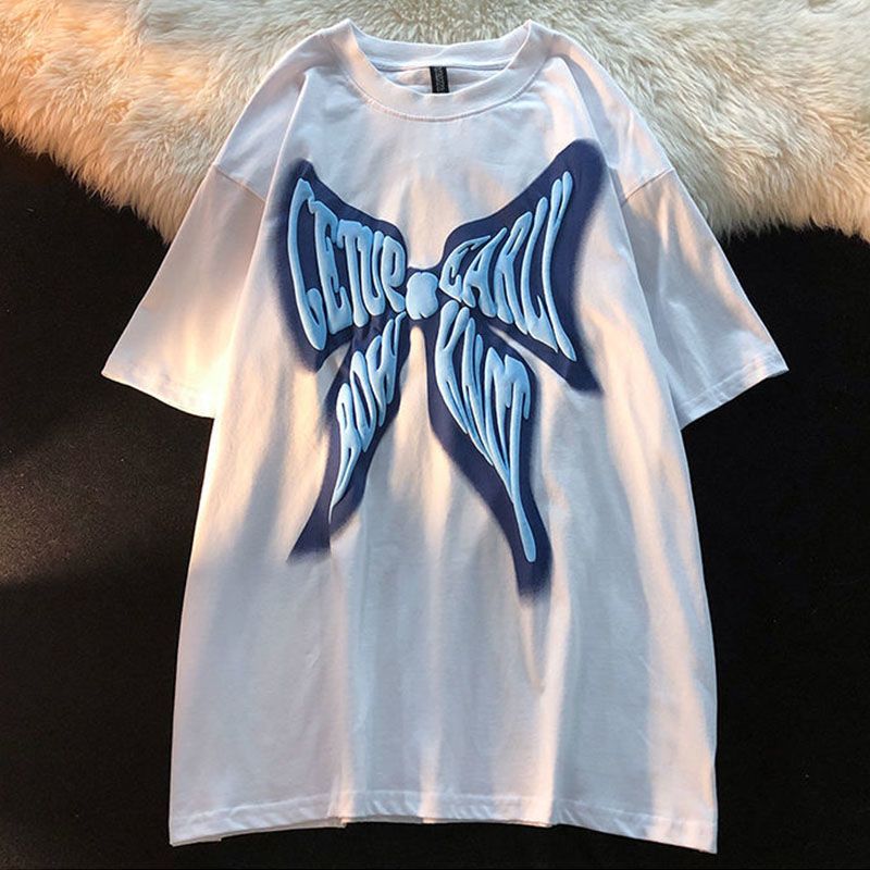 Pure cotton summer new butterfly letter printing round neck short-sleeved Korean version slimming all-match ins style casual T-shirt