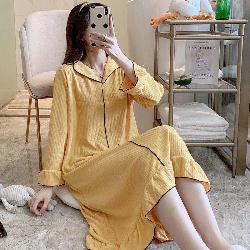 Princess wind nightdress women's spring and autumn new cotton loose long section over the knee long-sleeved pajamas women's long skirt outerwear home service