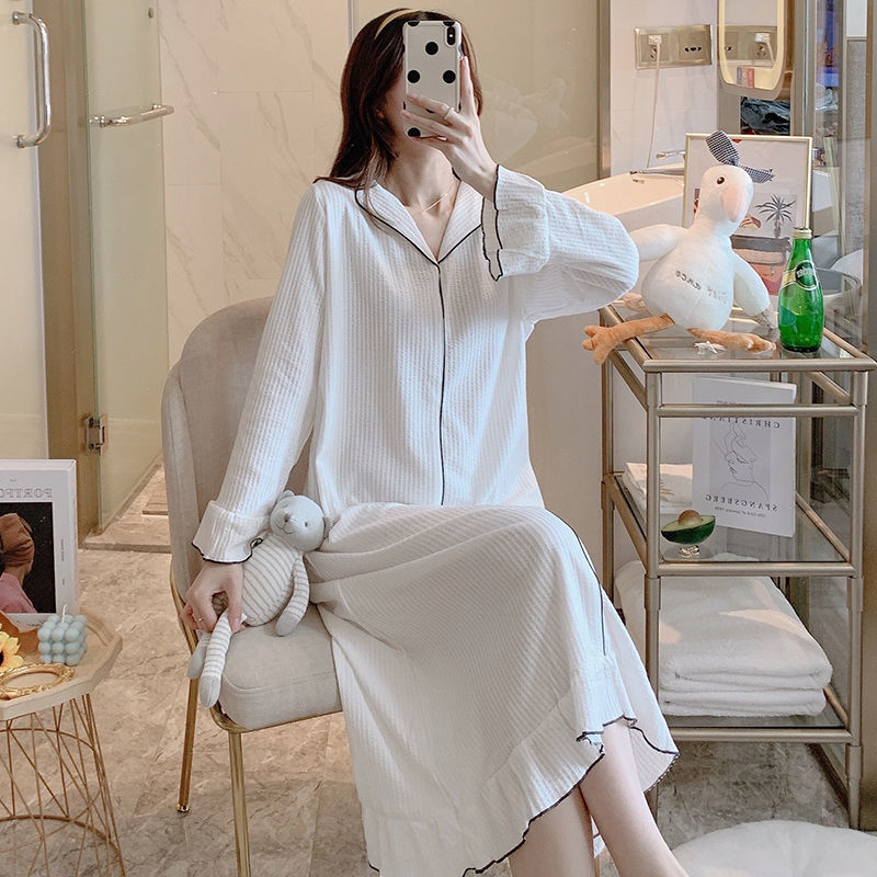 Princess wind nightdress women's spring and autumn new cotton loose long section over the knee long-sleeved pajamas women's long skirt outerwear home service