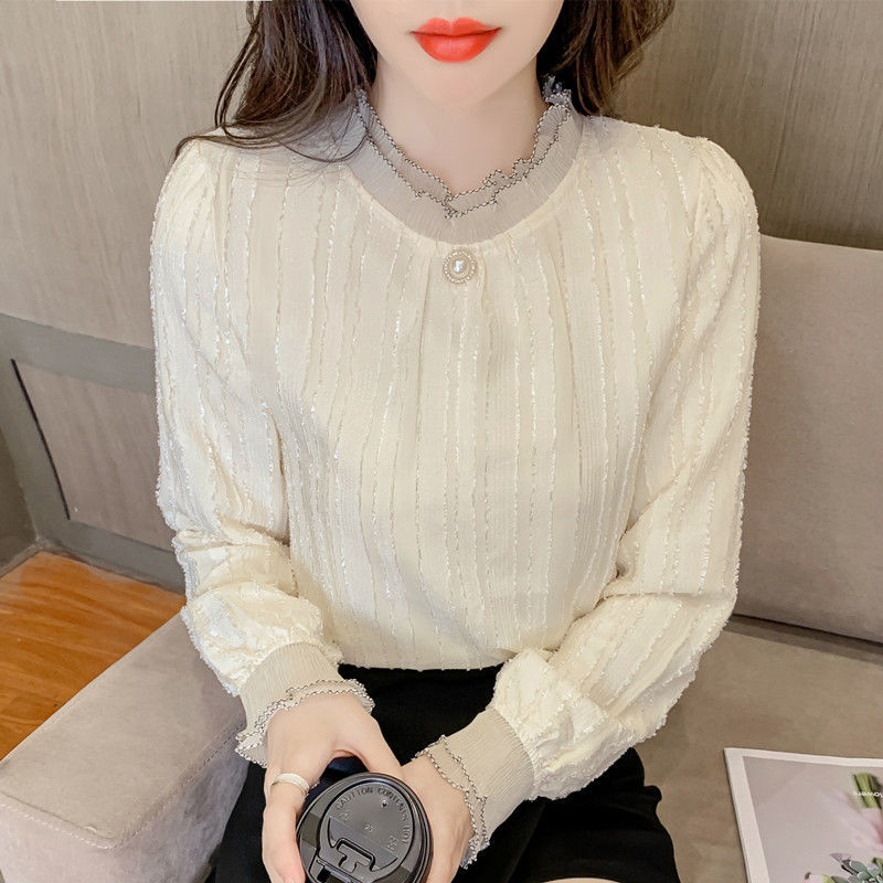 加絨蕾絲衫女秋冬季新款淑女風修身氣質小衫加厚保暖雪紡打底衫潮