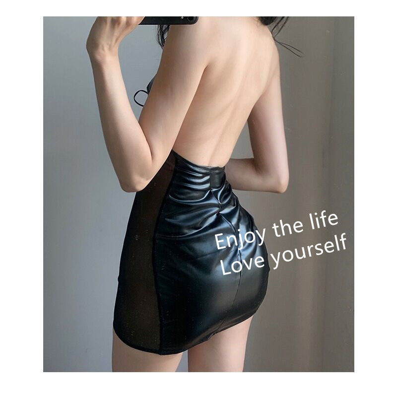 Wowodian European and American style light and familiar sexy hanging neck mesh stitching perspective nightclub tie-up niche backless dress female