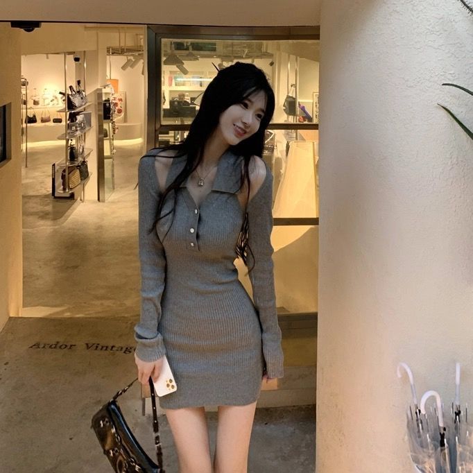 Chinese style retro buckle POLO collar knitted dress + short cardigan hot girl fried street two-piece suit female