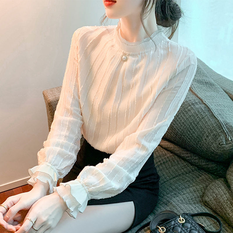 春秋打底衫女新款蕾絲立領長袖女士雪紡上衣衫氣質修身內搭小衫潮