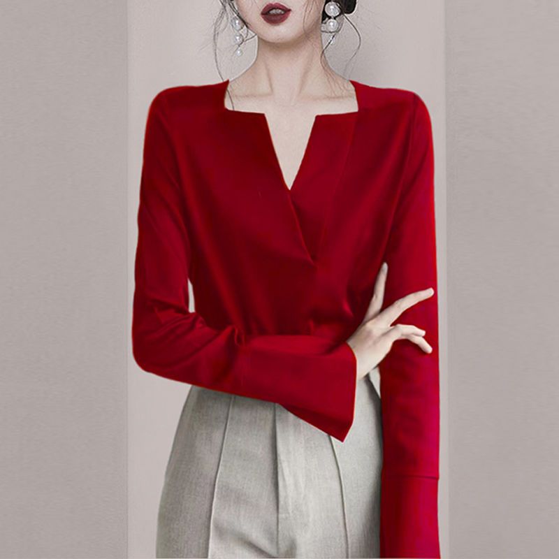 女人味知性優雅氣質小眾上衣2022秋冬新款女溫柔淑女紅色長袖襯衫