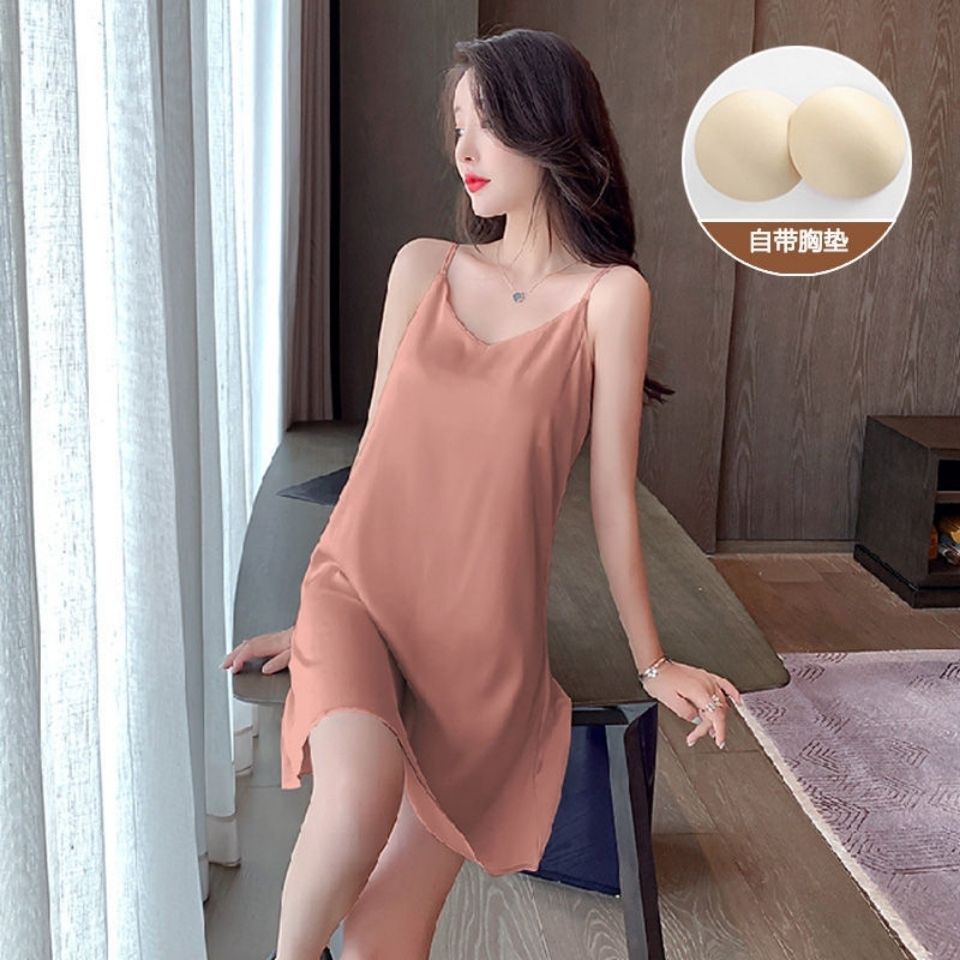 Sling nightdress female summer thin section ice silk V-neck sexy pajama dress Korean version cute ins wind day strap chest pad female