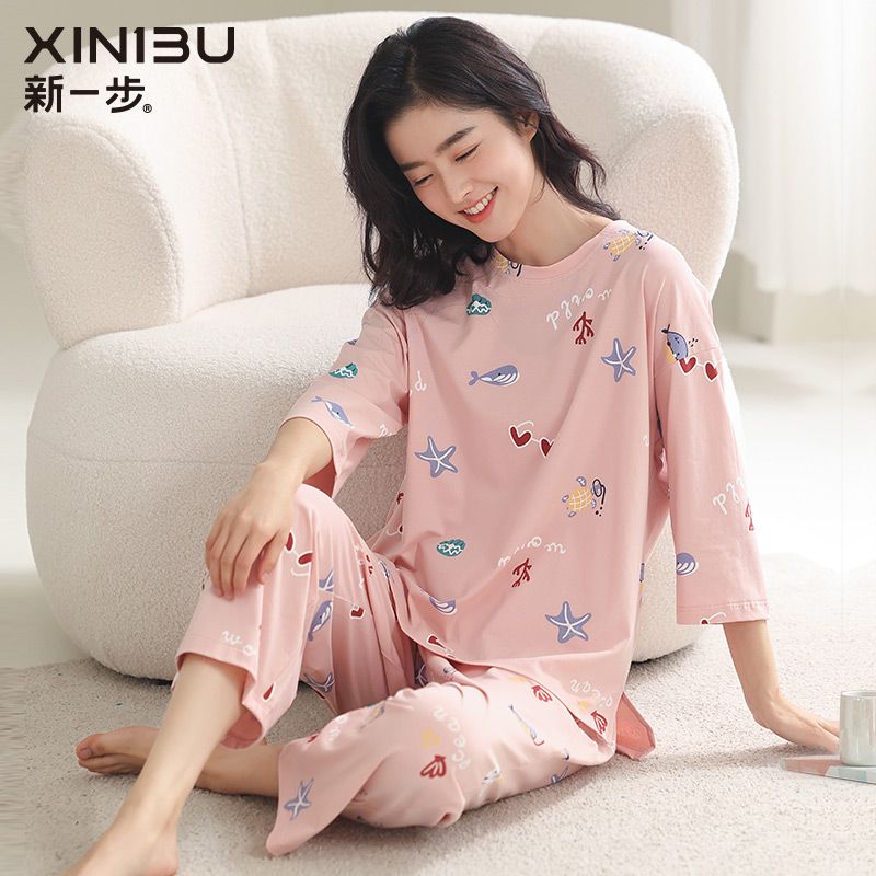 新一步纯棉睡衣女春秋季2022新款夏季七分袖薄款可出门家居服套装