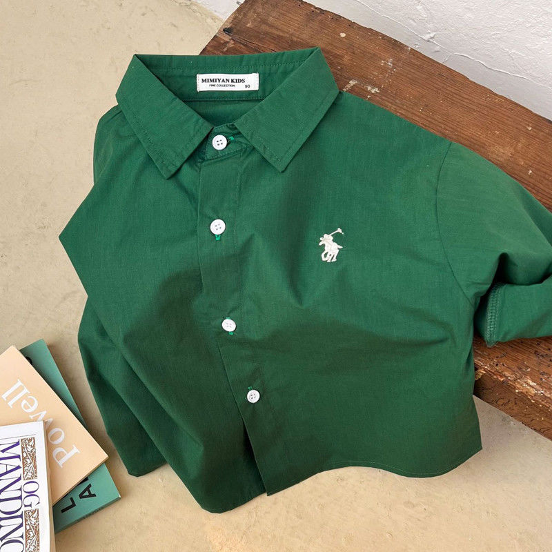 儿童衬衫2022春季新品男童韩版刺绣绿色纯棉衬衫女宝休闲衬衣外套