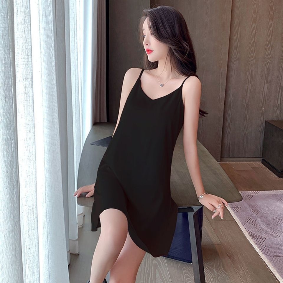 Sling nightdress female summer thin section ice silk V-neck sexy pajama dress Korean version cute ins wind day strap chest pad female