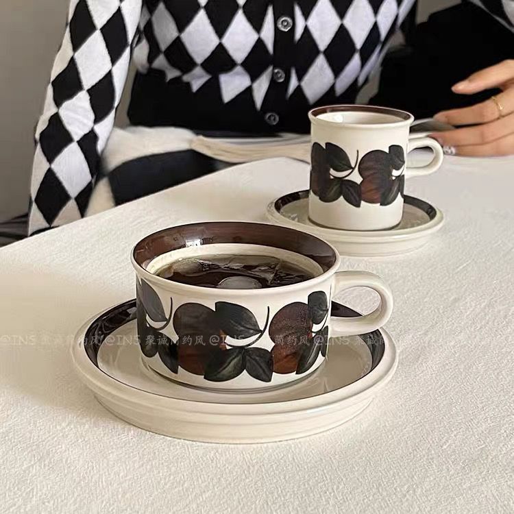(送勺)芬兰同款中古咖啡杯碟棕色海葵手绘咖啡杯复古下午茶杯碟