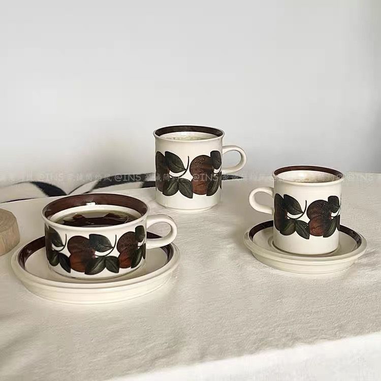 (送勺)芬兰同款中古咖啡杯碟棕色海葵手绘咖啡杯复古下午茶杯碟