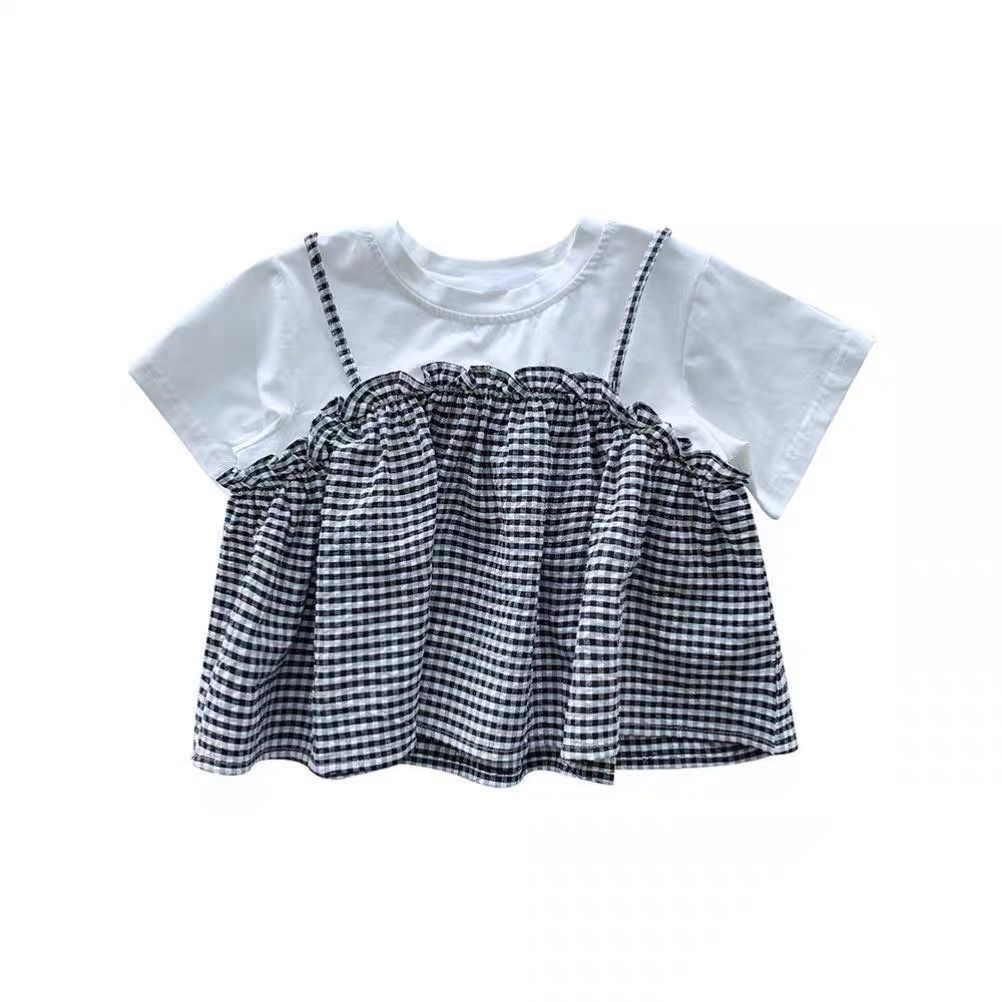 Girls' short sleeve T-shirt fake two  summer new children's foreign style summer clothes baby Korean Plaid top tide t