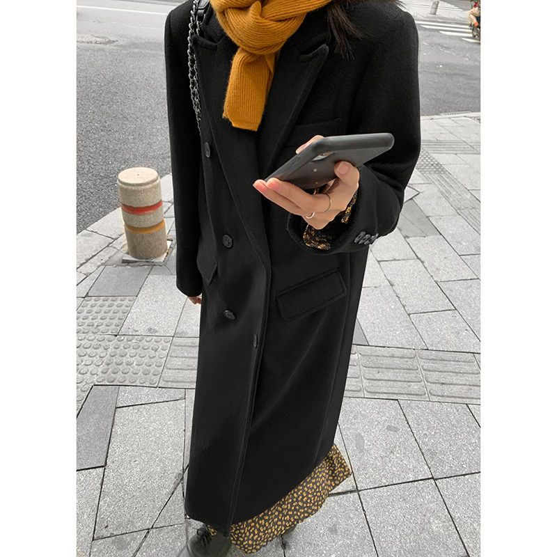 Black woolen coat women's mid-length 2022 winter new Korean version popular Hepburn style thickened woolen coat