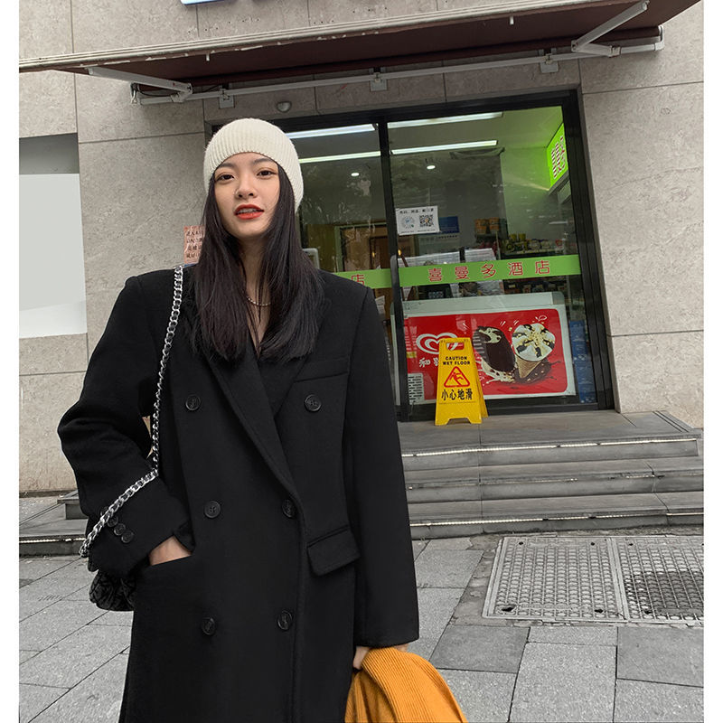 Black woolen coat women's mid-length 2022 winter new Korean version popular Hepburn style thickened woolen coat